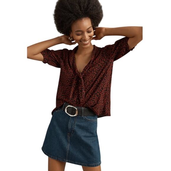 Reformation Loris Red Lips Print Top Size 6 Short Sleeve Button Blouse - Picture 1 of 8